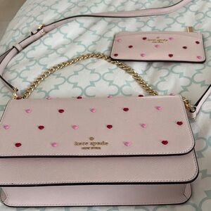 Kate Spade Pink Heart-Embellished Crossbody Bag zippered pocket in & pocket out